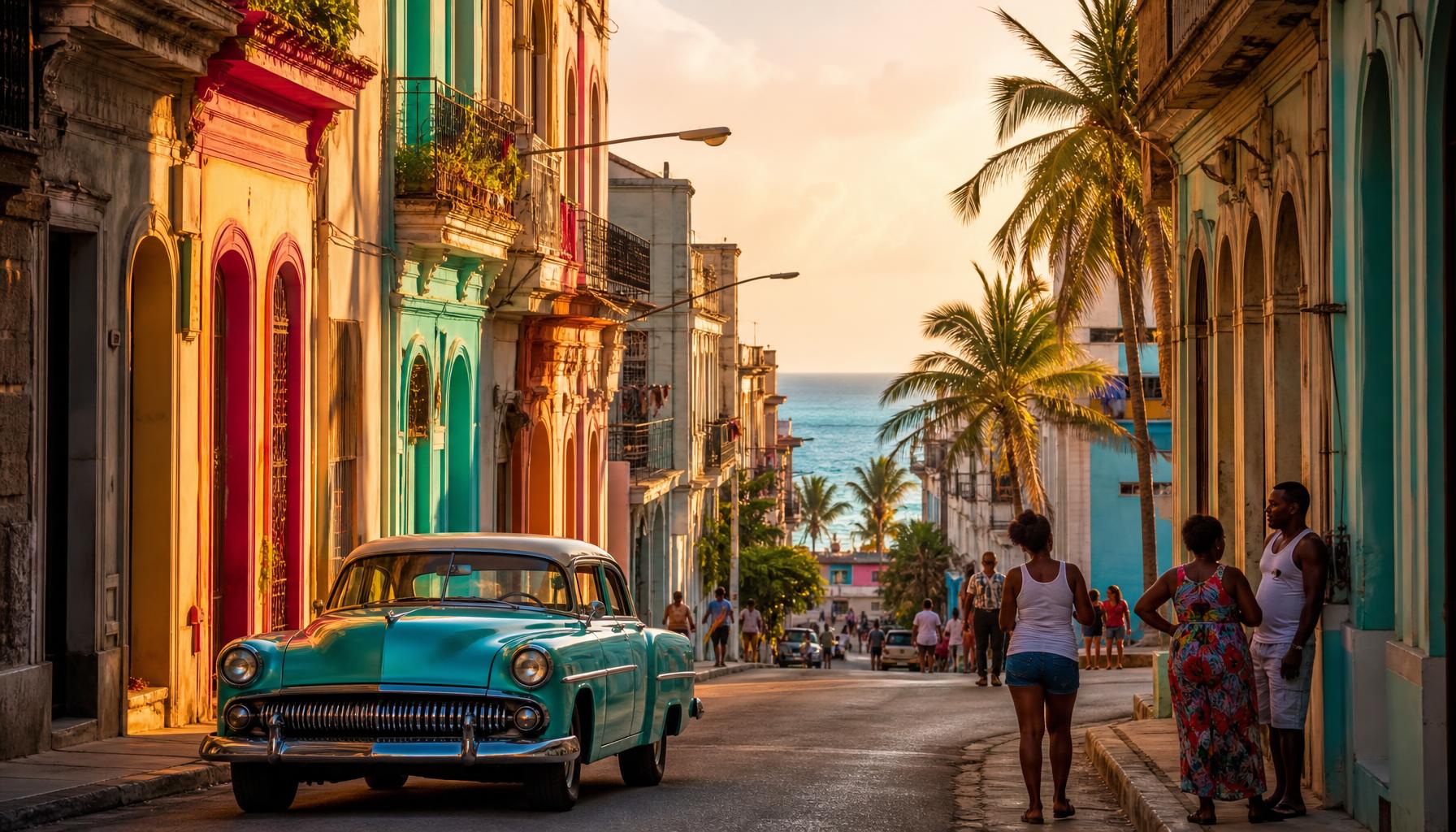 Calle colonial de La Habana con un coche clásico, personas locales y el mar al fondo