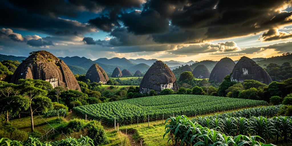Valle de Viñales con mogotes, campos de tabaco y cielo dramático